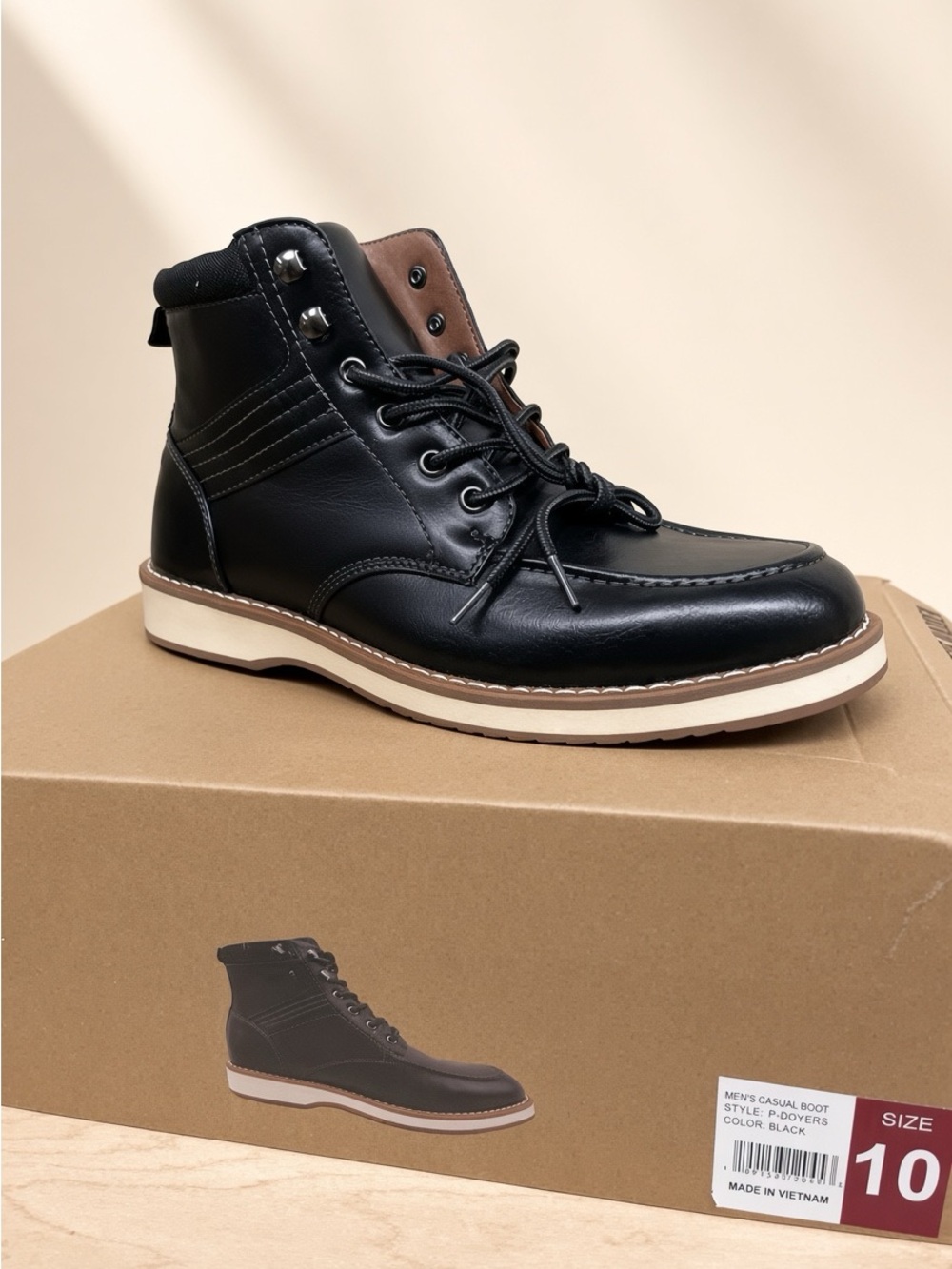 Steve Madden Black Leather Moc Toe Lace-Up Boot with Cream Sole